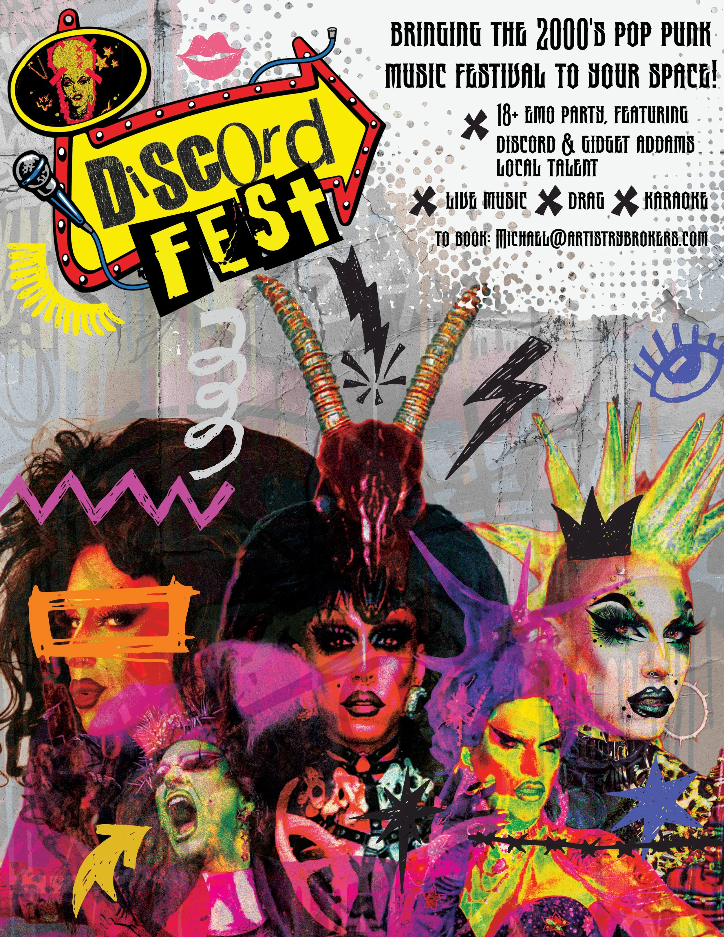 Discord Fest Tour promo with drag performers Discord Addams and Gidget Von Addams. 