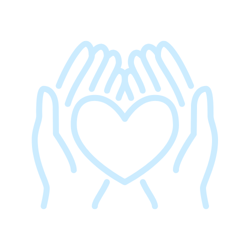 Blue outline of two hands holding a heart.