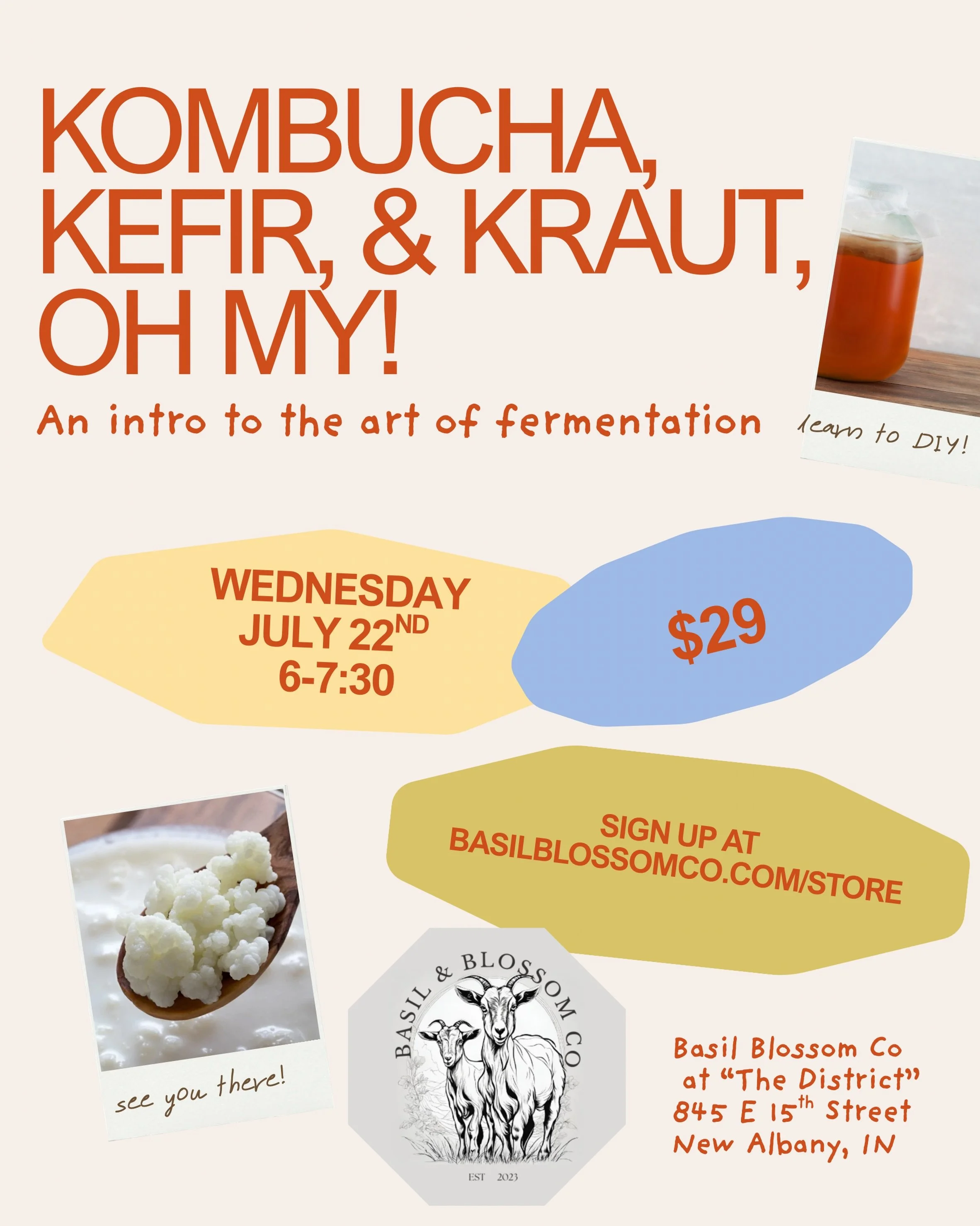 See you at Kombucha, Kefir, and Kraut, Oh My! An Intro to the Art of Fermentation! Head to the online &ldquo;store&rdquo; at BasilBlossomCo.com to learn more and sign up!