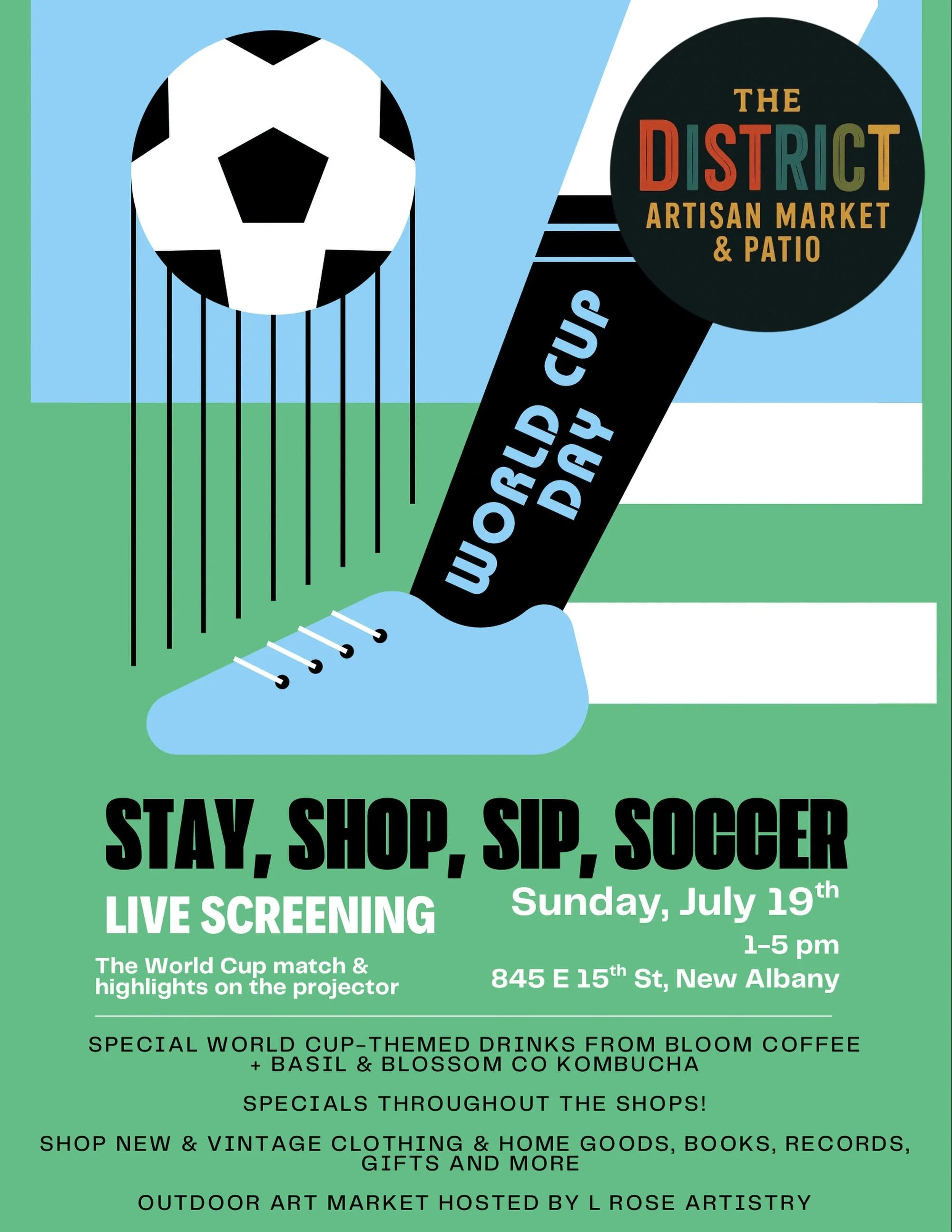 Come celebrate World Cup Day this Sunday at @thedistrictartisanmarket 
Food available from @streetsgyros , drink specials, shopping, an outdoor art show and more! 🙌🏻