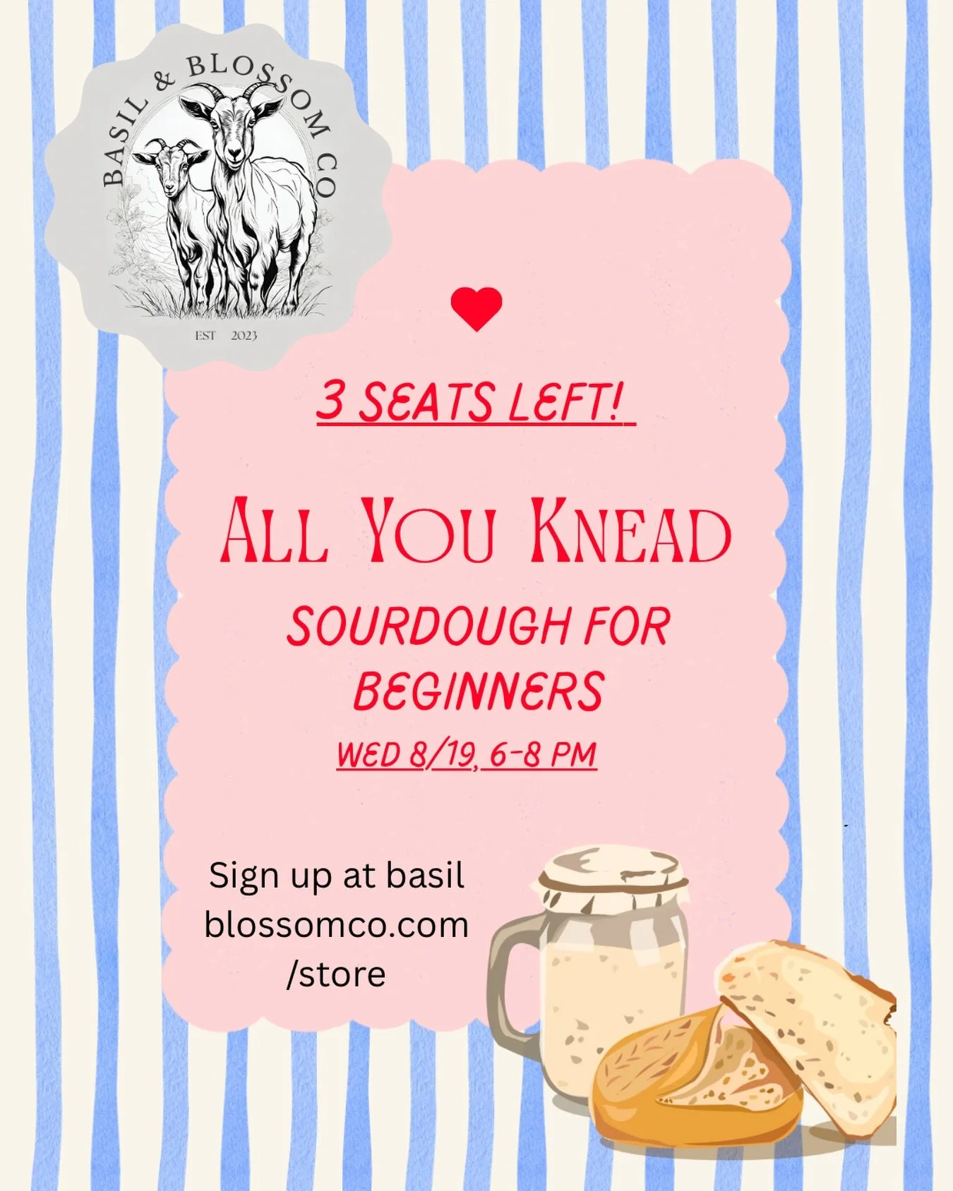 Next Wednesday 8/19 at @thedistrictartisanmarket in New Albany. Snag your seat at basilblossomco.com/store
#learnsourdough