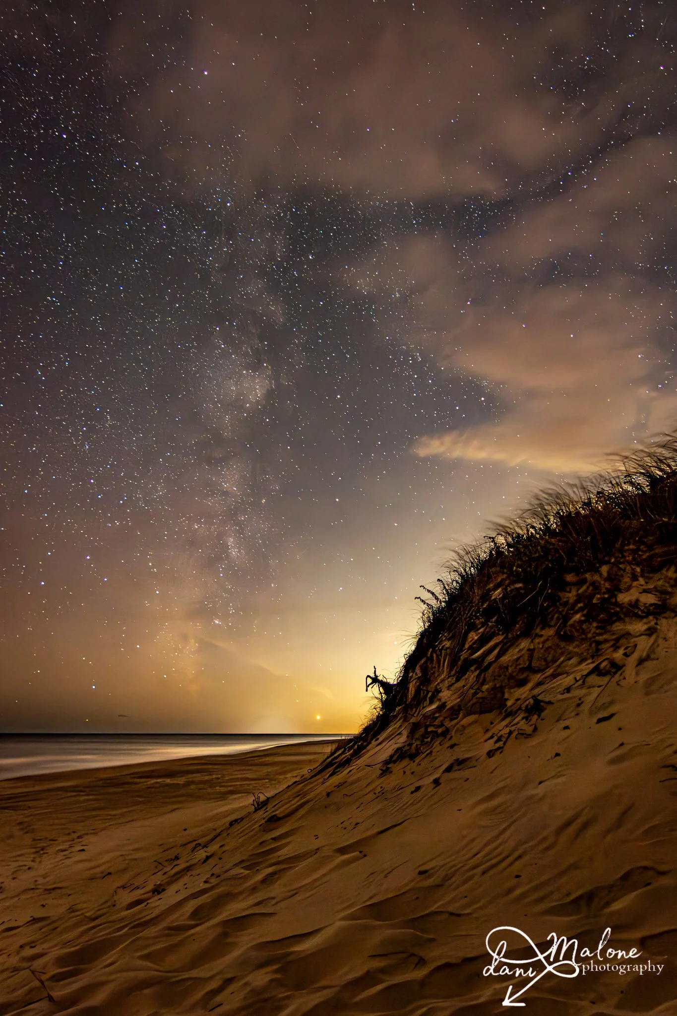 Nighttime beach scene with sandy dunes and vegetation in the foreground, starry sky with visible Milky Way galaxy overhead, and a bright light or moon near the horizon.
