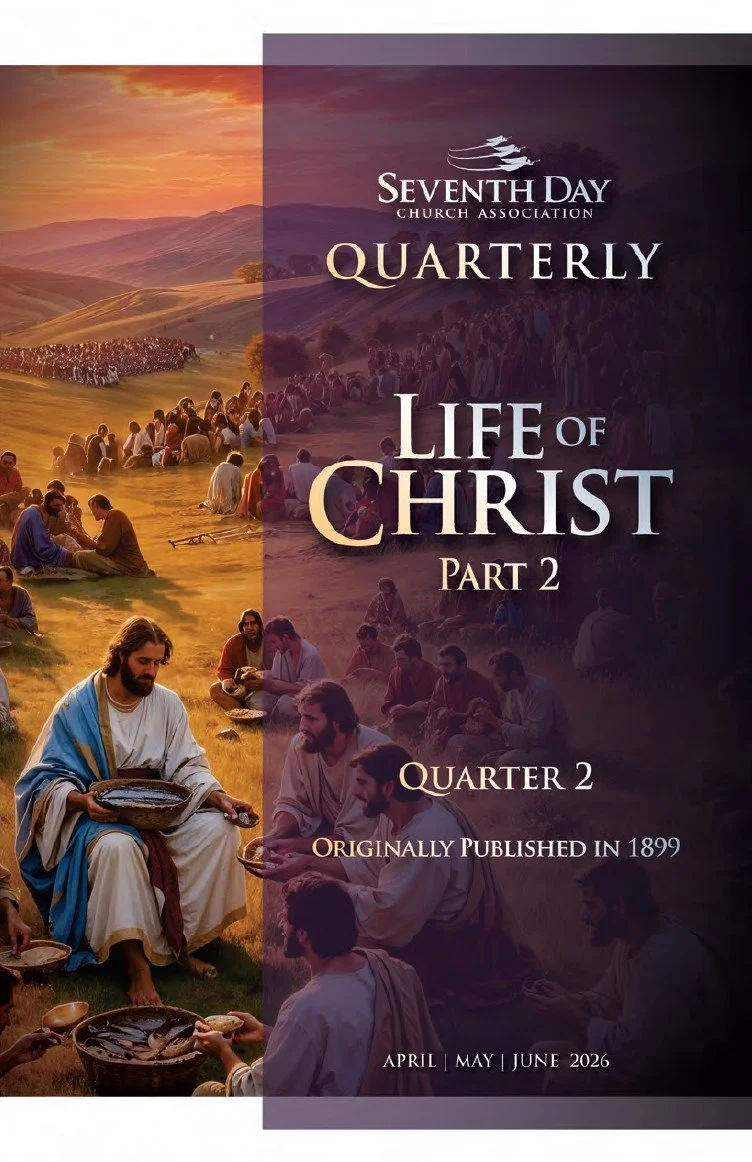 Church event poster for Seventh Day Church Association, quarterly Life of Christ Part 2, published in 1899, scheduled for April, May, June 2026, featuring images of Jesus and people gathered in landscape scenes.