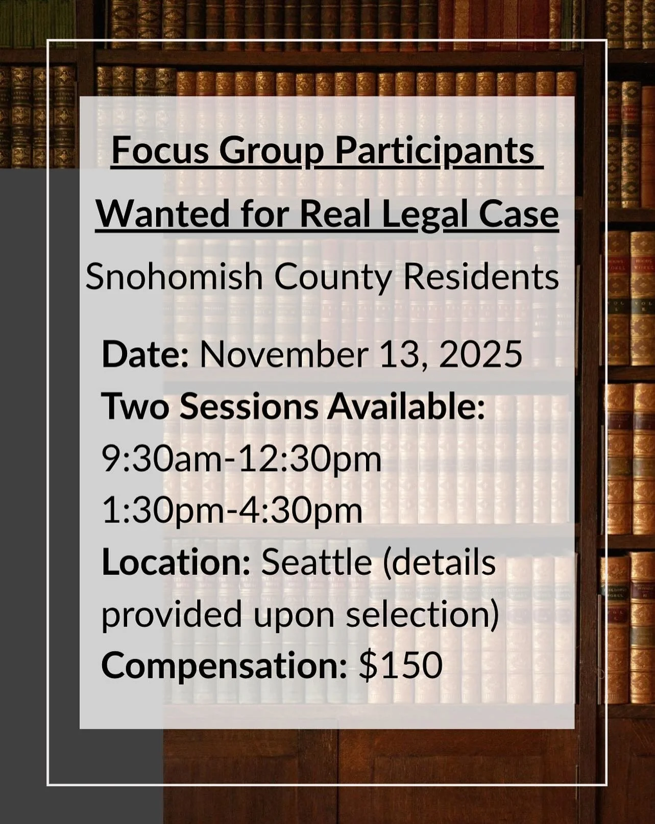 We are inviting adults who reside in Snohomish County in Washington State to participate in upcoming legal focus groups. Participants will receive compensation for their time. Details can be found on our website [LINK IN BIO] #lawfirmlegalresearch #s