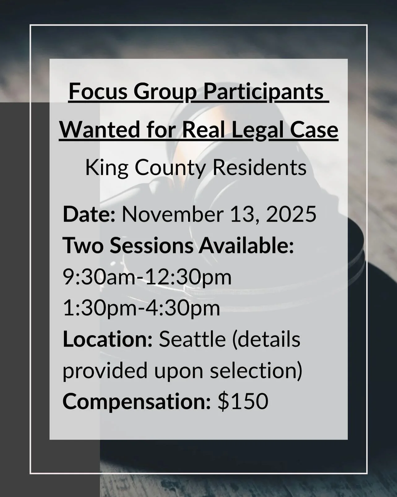 We are inviting adults who reside in King County in Washington State to participate in upcoming legal focus groups. Participants will receive compensation for their time. Details can be found on our website [LINK IN BIO] #lawfirmlegalresearch #kingco