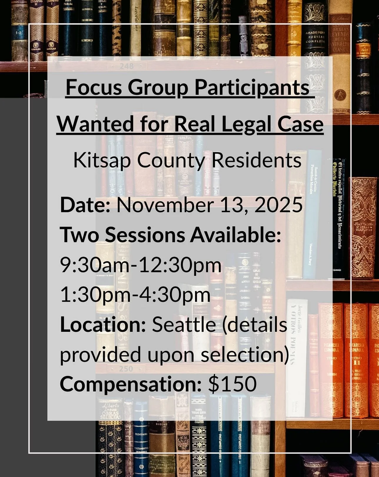 We are inviting adults who reside in Kitsap County in Washington State to participate in upcoming legal focus groups. Participants will receive compensation for their time. Details can be found on our website [LINK IN BIO] #lawfirmlegalresearch #kits