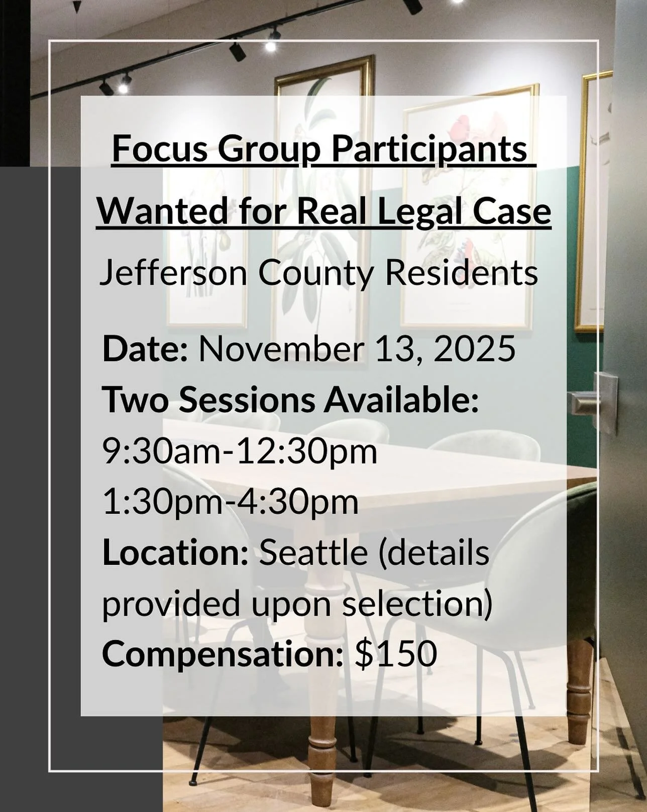 We are inviting adults who reside in Jefferson County in Washington State to participate in upcoming legal focus groups. Participants will receive compensation for their time. Details can be found on our website [LINK IN BIO] #lawfirmlegalresearch #j