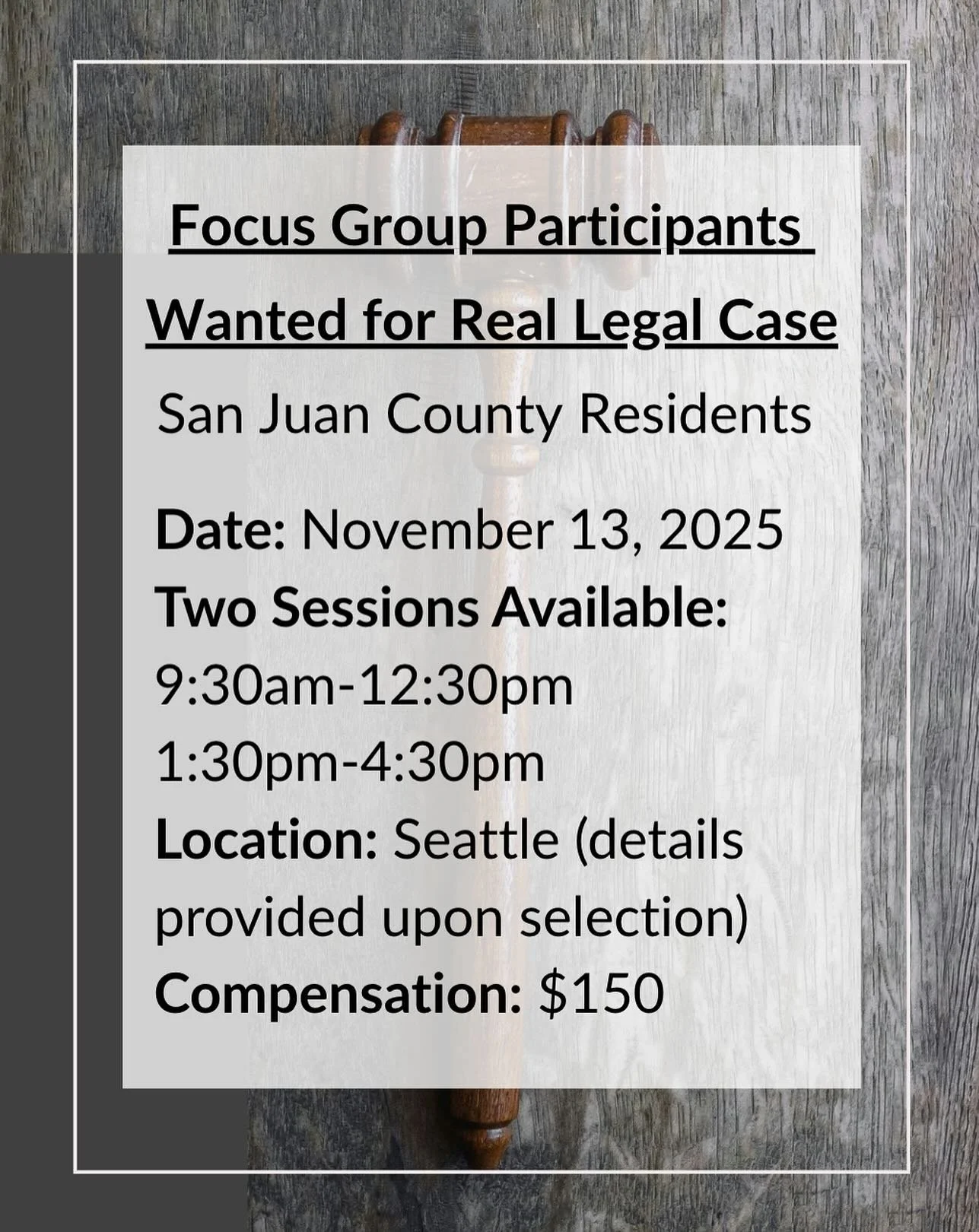 We are inviting adults who reside in San Juan County in Washington State to participate in upcoming legal focus groups. Participants will receive compensation for their time. Details can be found on our website [LINK IN BIO] #lawfirmlegalresearch #sa