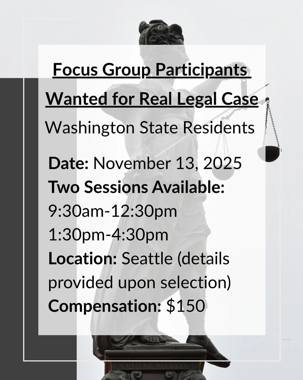 We are inviting adults who reside in Western Washington to participate in upcoming legal focus groups. Participants will receive compensation for their time. Details can be found on our website [LINK IN BIO] #lawfirmlegalresearch #seattle #washington