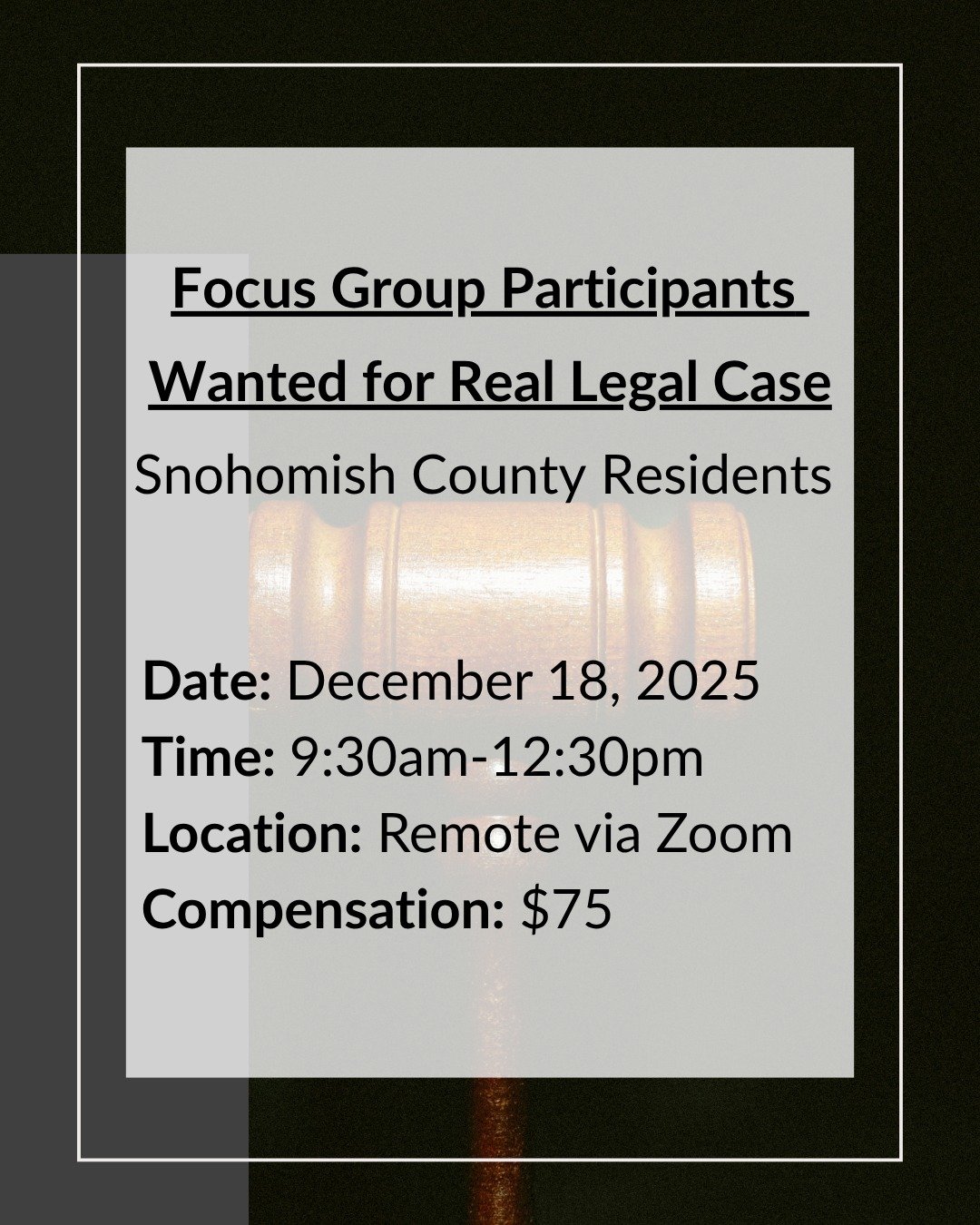 PAID FOCUS GROUP - We are inviting adults who reside in Western Washington to participate in upcoming legal focus groups. Participants will receive compensation for their time. Details can be found on our website [LINK IN BIO] #lawfirmlegalresearch #