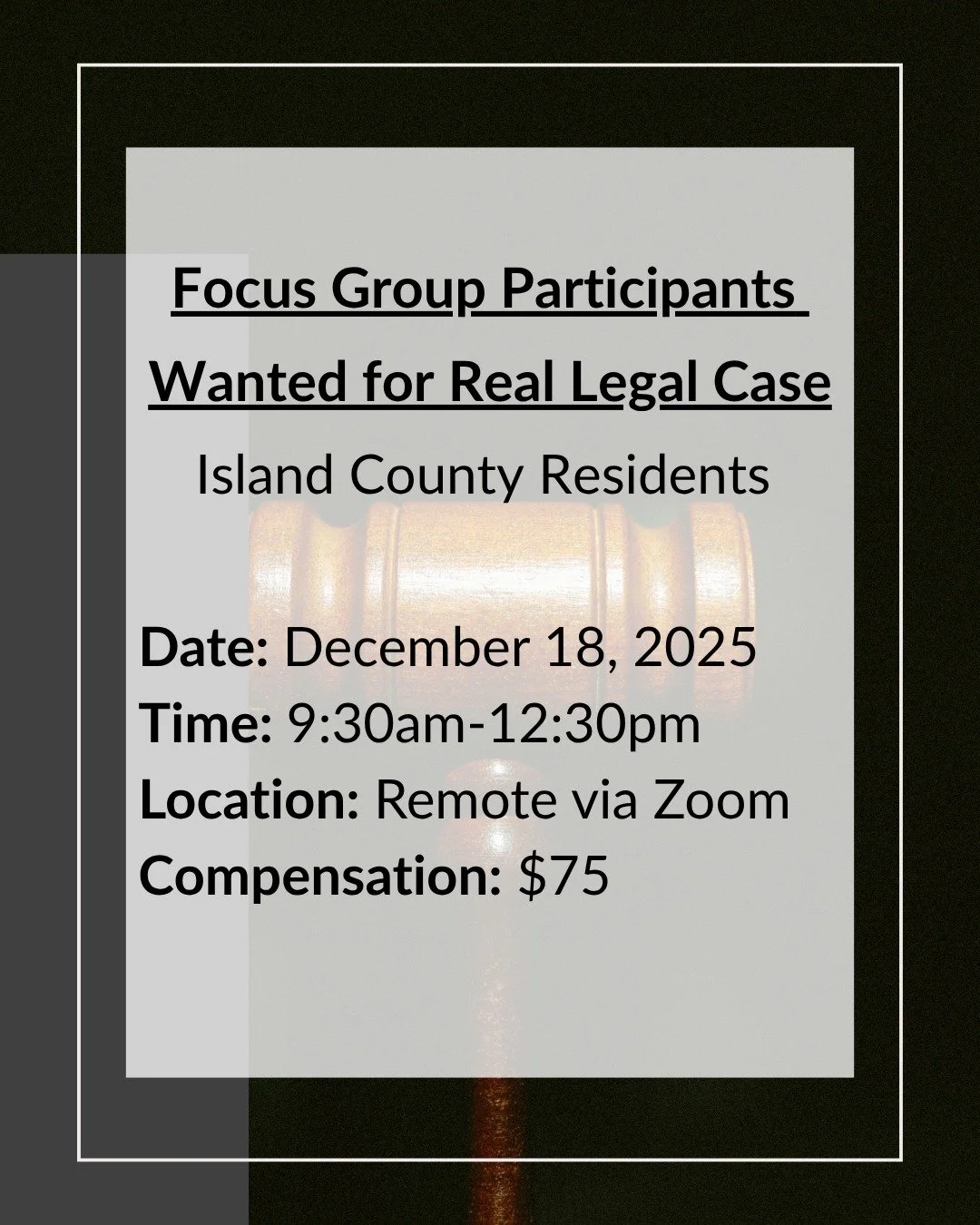 PAID FOCUS GROUP - We are inviting adults who reside in Western Washington to participate in upcoming legal focus groups. Participants will receive compensation for their time. Details can be found on our website [LINK IN BIO] #lawfirmlegalresearch #