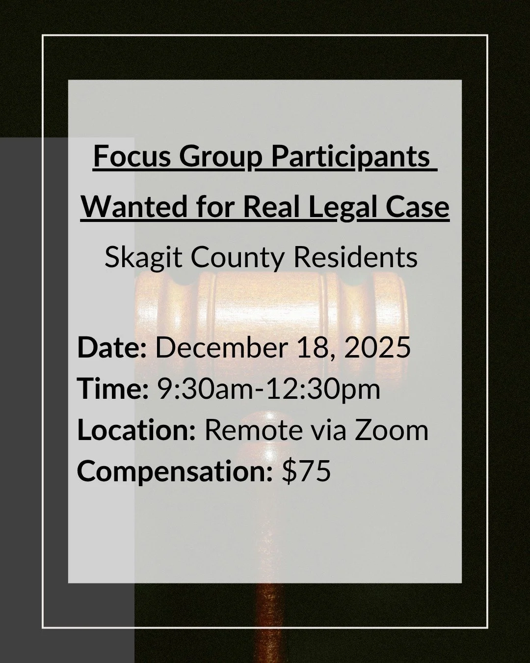 PAID FOCUS GROUP - We are inviting adults who reside in Western Washington to participate in upcoming legal focus groups. Participants will receive compensation for their time. Details can be found on our website [LINK IN BIO] #lawfirmlegalresearch #