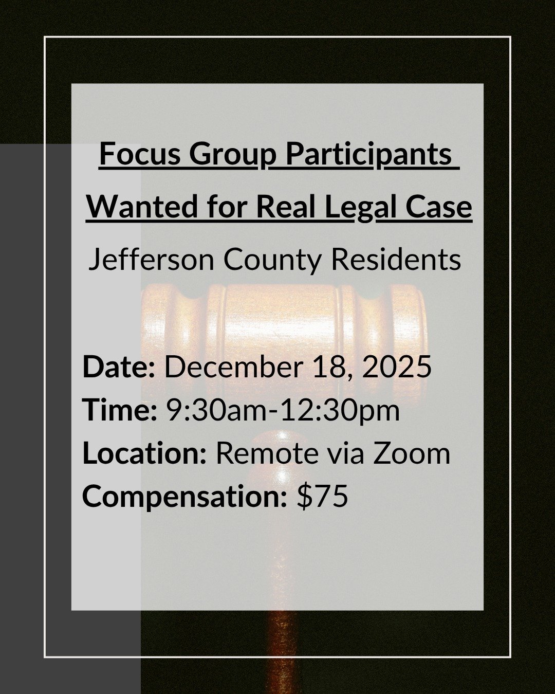 PAID FOCUS GROUP - We are inviting adults who reside in Western Washington to participate in upcoming legal focus groups. Participants will receive compensation for their time. Details can be found on our website [LINK IN BIO] #lawfirmlegalresearch #