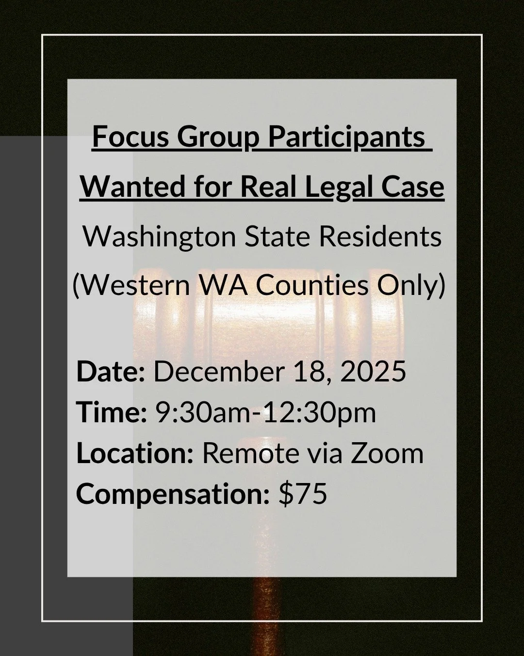 PAID FOCUS GROUP - We are inviting adults who reside in Western Washington to participate in upcoming legal focus groups. Participants will receive compensation for their time. Details can be found on our website [LINK IN BIO] #lawfirmlegalresearch #