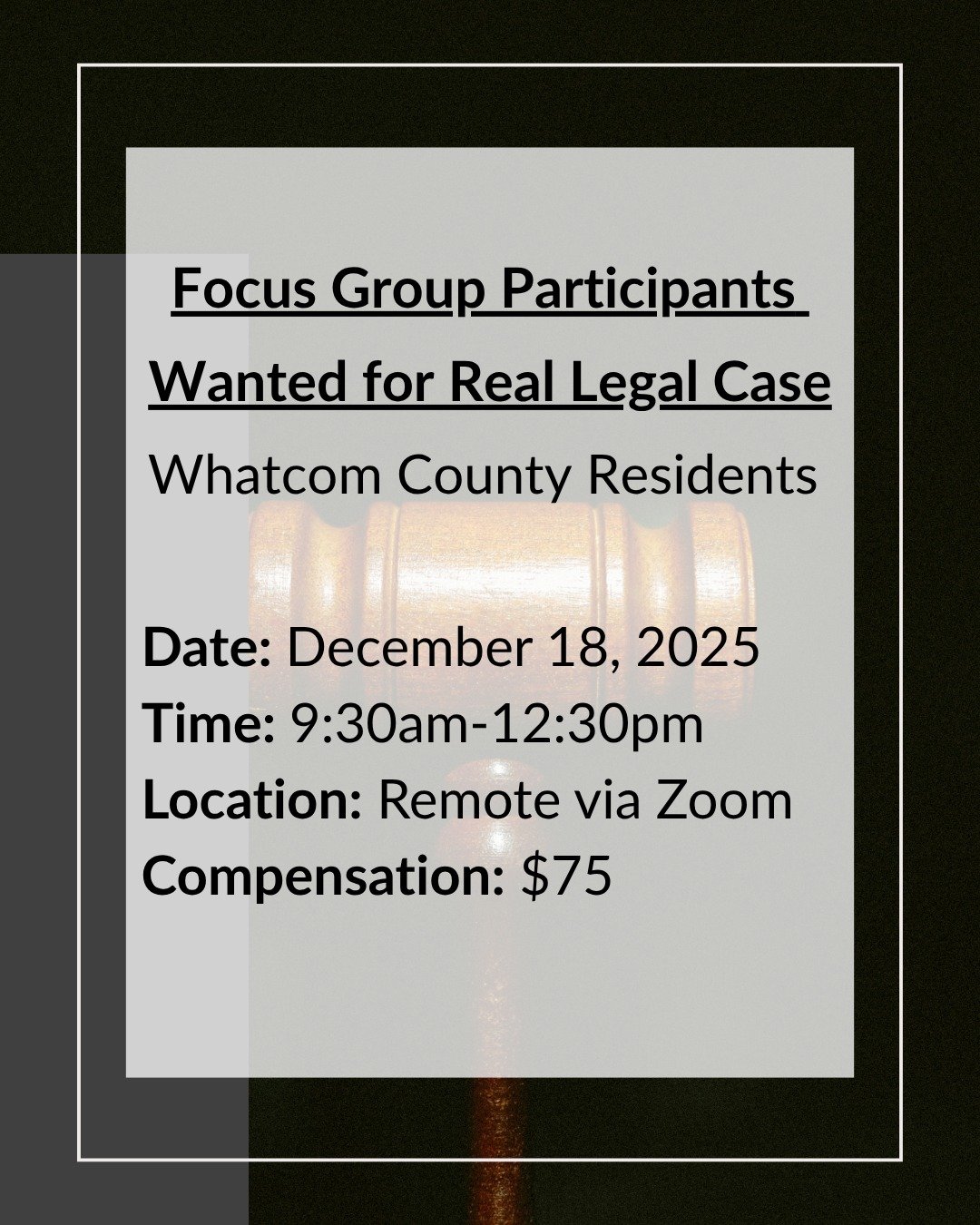 PAID FOCUS GROUP - We are inviting adults who reside in Western Washington to participate in upcoming legal focus groups. Participants will receive compensation for their time. Details can be found on our website [LINK IN BIO] #lawfirmlegalresearch #