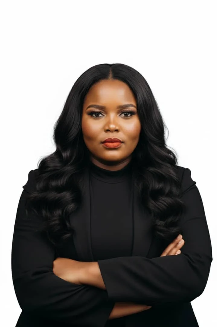 A confident woman with long, wavy black hair and brown skin, wearing a black blazer against a plain white background.