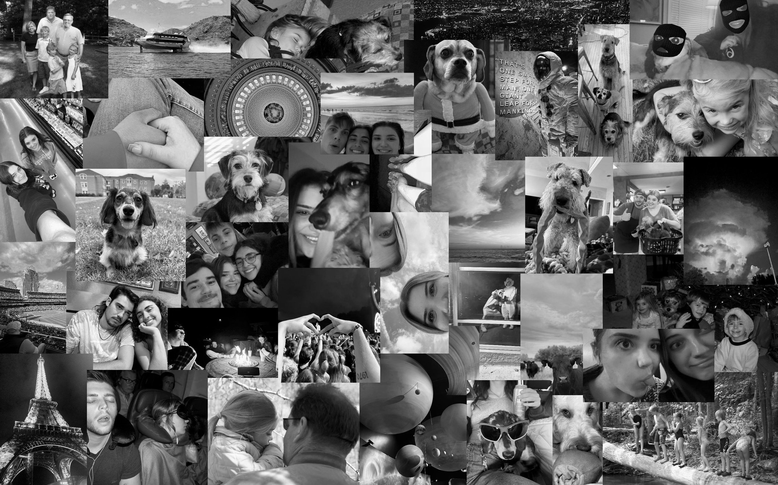 Collage of black and white photographs including family portraits, dogs, friends, outdoor scenes, a boat, a roller coaster, and the Eiffel Tower.