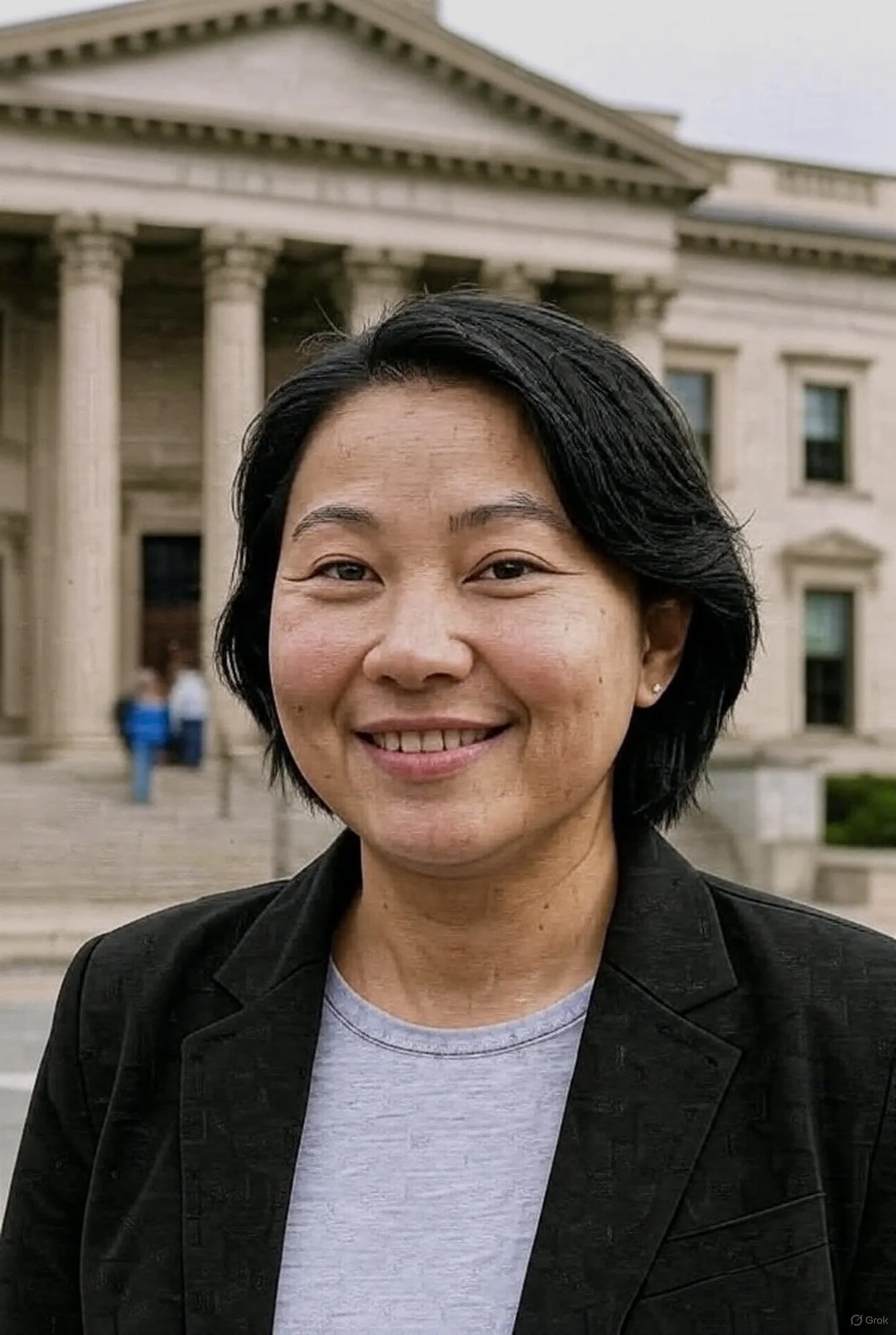 Close-up of a woman with short black hair, smiling, wearing a gray shirt and black jacket, standing in front of a courthouse with tall columns.