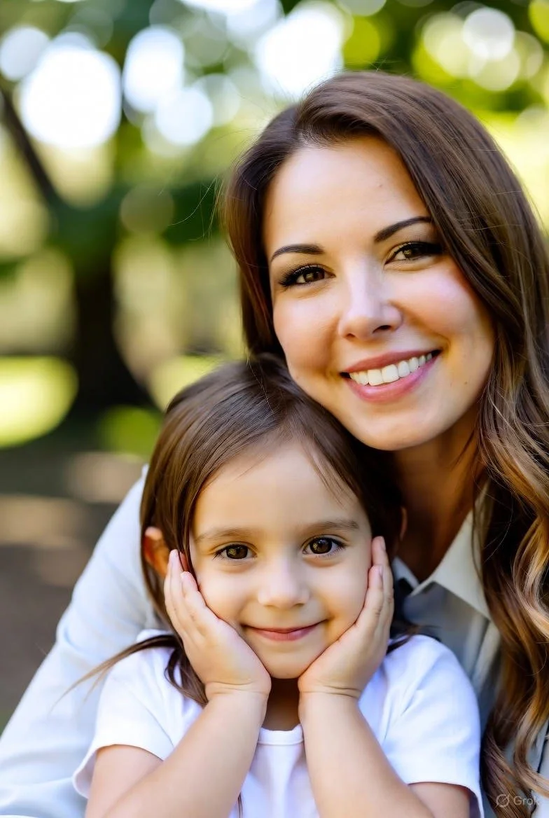 A smiling woman with long brown hair and a young girl with brown hair, both outdoors, with green trees blurred in the background.