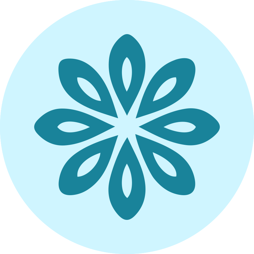 A stylized snowflake emblem with elongated oval shapes radiating from a central point, in blue color, on a light blue circular background.