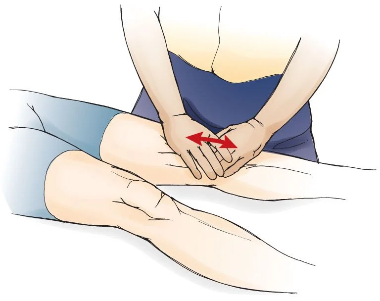 Illustration of a person performing chest compressions on a patient's chest during CPR, with arrows indicating the force applied.