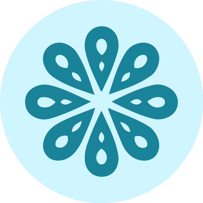 Icon of a snowflake with looping shapes, teal color, on a light blue circular background.