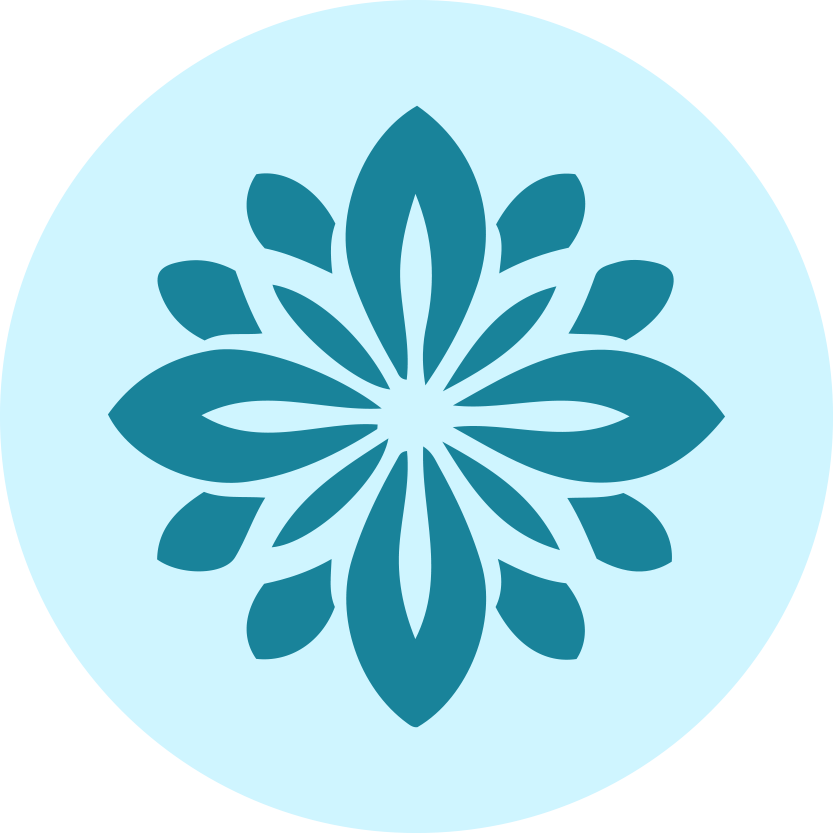 A teal and light blue symmetrical floral pattern logo within a circular background.