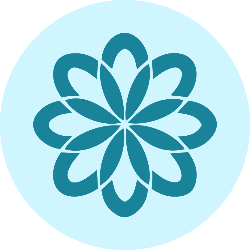 A symmetrical blue floral pattern with petal shapes on a light blue circular background.