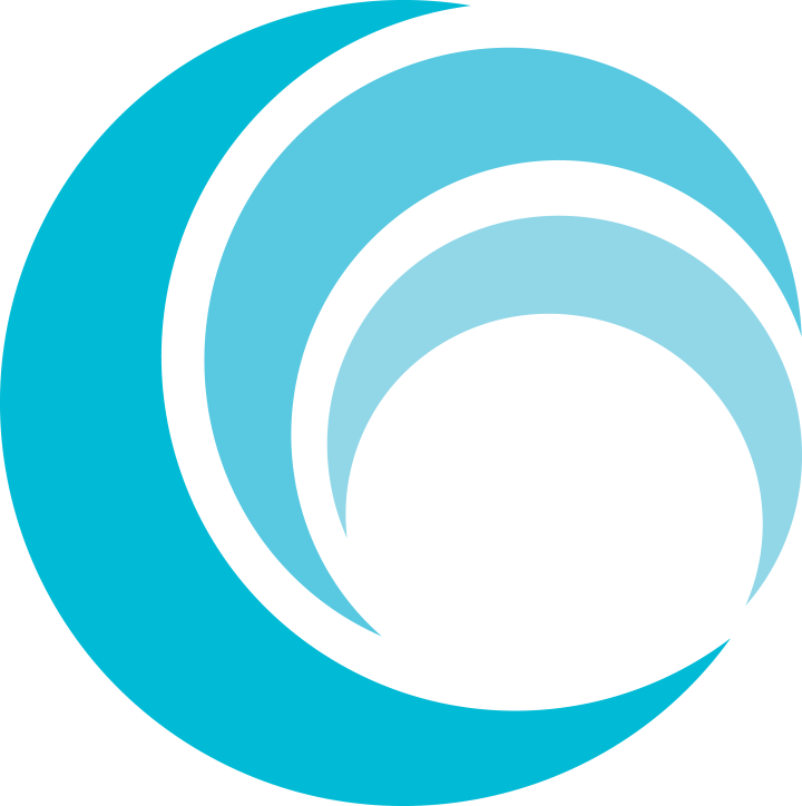 Abstract logo with concentric blue and black curved lines forming a spiral or wave pattern.