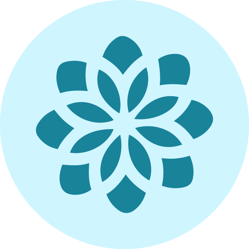 A blue circular logo with a stylized geometric floral pattern inside.