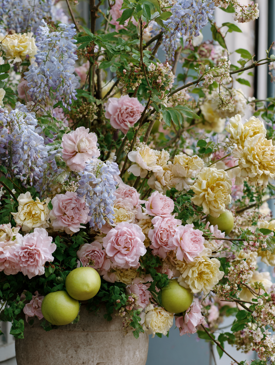 A large flower arrangement featuring pink and cream roses, purple wisteria, small white and pink blossoms, and green apples in a beige vase.