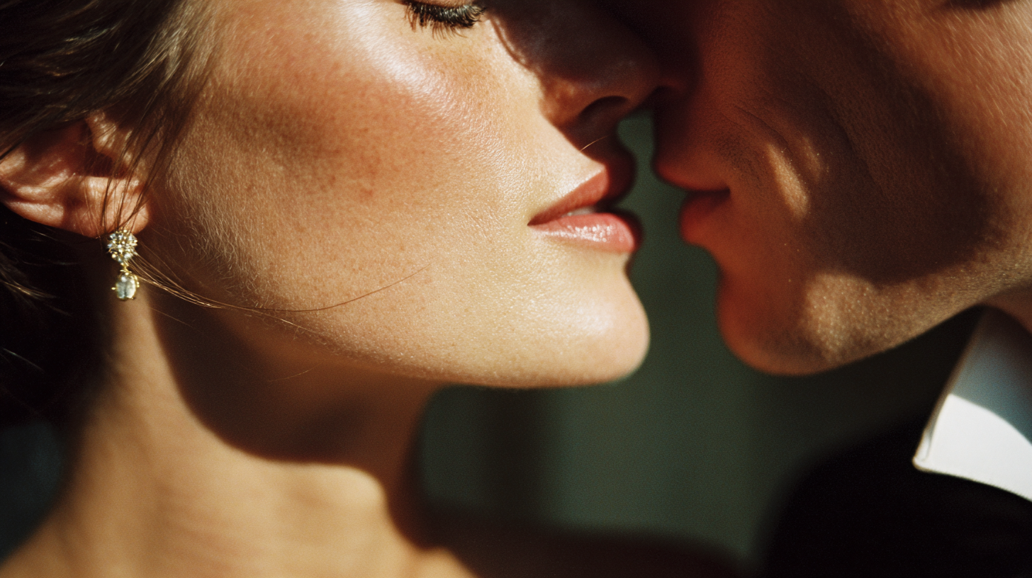A close-up of a couple with their noses and lips touching, showing intimate proximity.