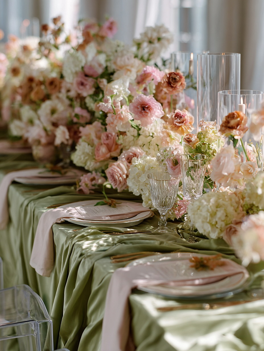 Elegant banquet table with a flowing green tablecloth, adorned with lush pink and white floral arrangements, and set with plates, utensils, glassware, and candles.