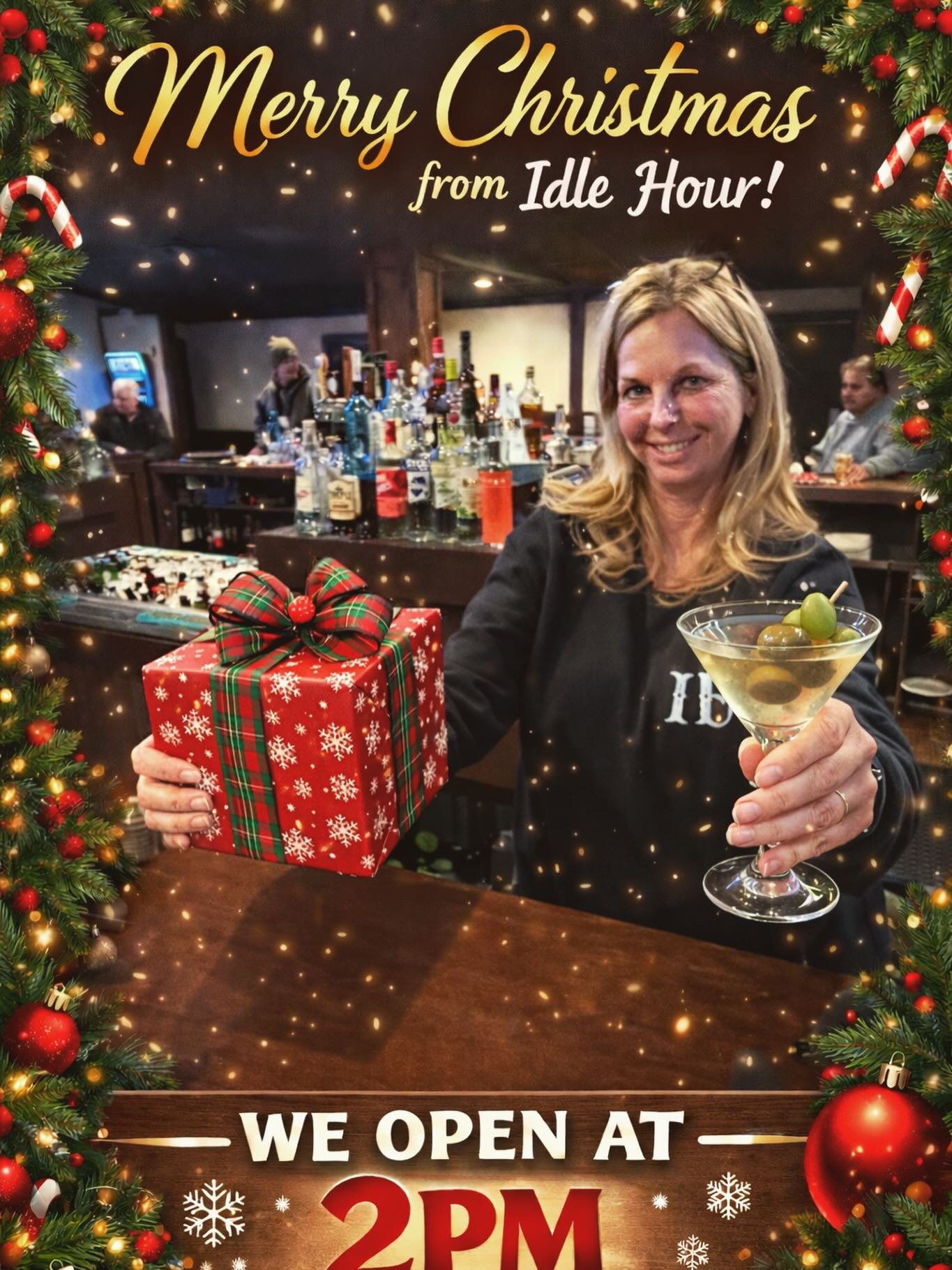 Merry Christmas from Idle Hour 🎄
Khristine is behind the bar spreading cheer, starting at 2PM today 🍸🎁
Doors open. Drinks flowing. All are welcome.