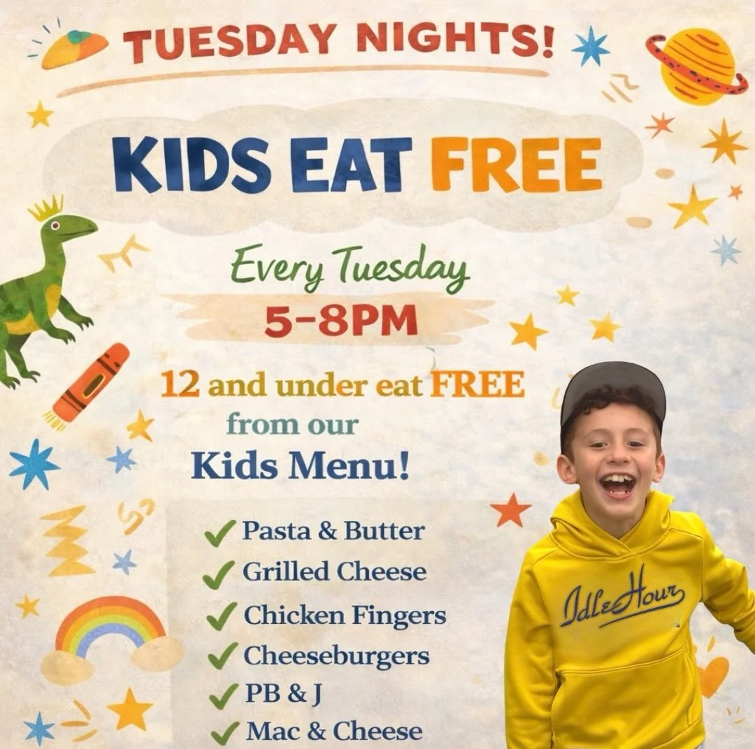 TUESDAYS = KIDS EAT FREE 🎉

Bring the chaos. Bring the crayons. Bring the whole crew.

Every Tuesday from 5&ndash;8PM, kids 12 and under eat FREE from our Kids Menu (up to 3 kids per family) and yes even for the mac &amp; cheese lovers and chicken f