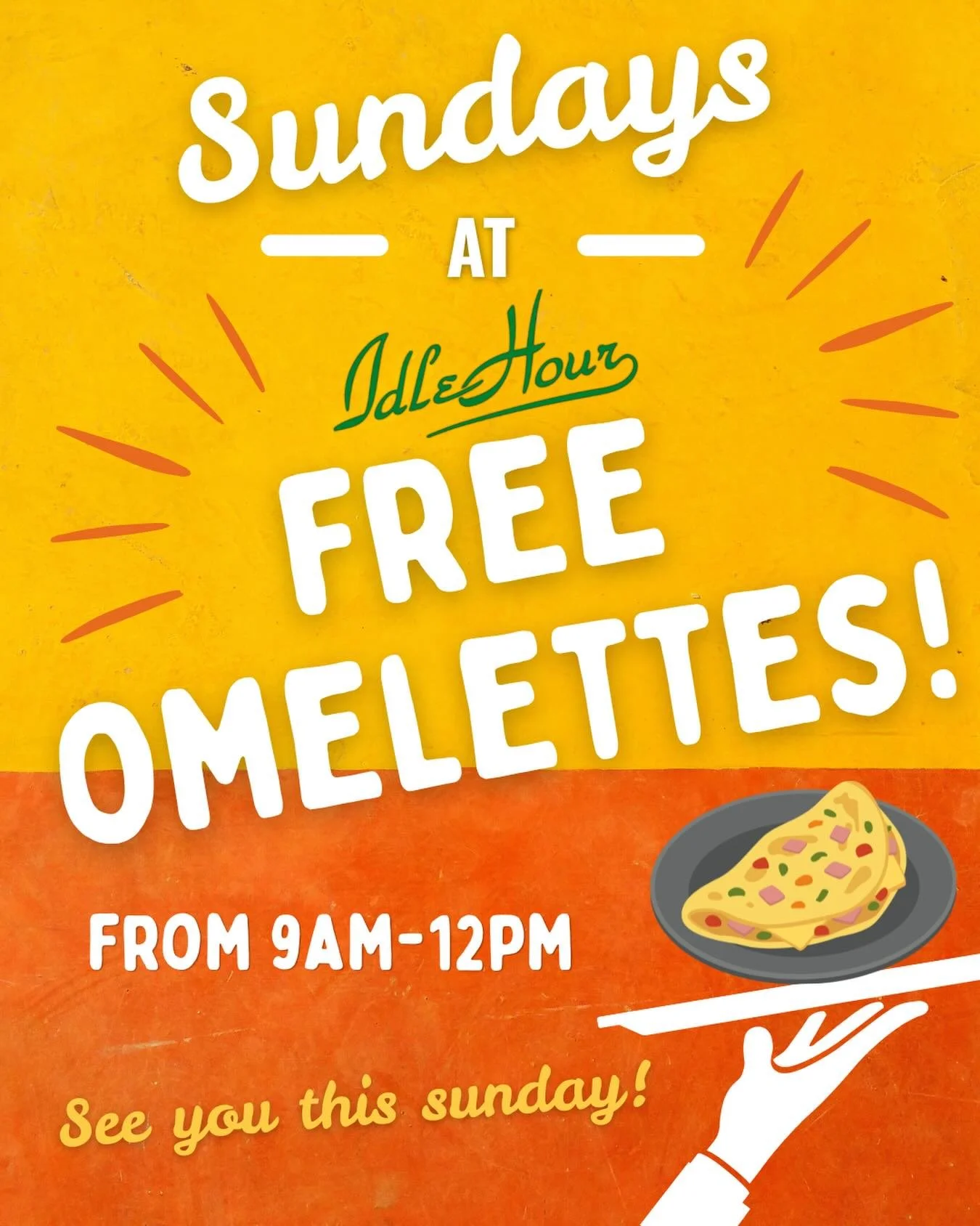 Rise and shine, friends! ☀️ 

It&rsquo;s FREE Omelette Sunday! 

Join us every Sunday from 9AM&ndash;12PM for a FREE made-to-order omelette and kick off your day the Idle Hour way.

Good food, good drinks, good people. See you this morning. 🍳☀️

#Me