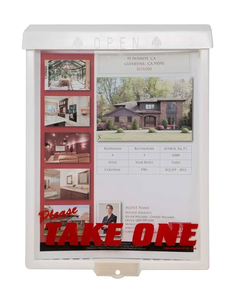 Real estate listing board displaying a property for sale in Cutertain, California, with house photos, details about bedrooms, bathrooms, size, and agent contact information. A large red sign says 'Please Take One' at the bottom.