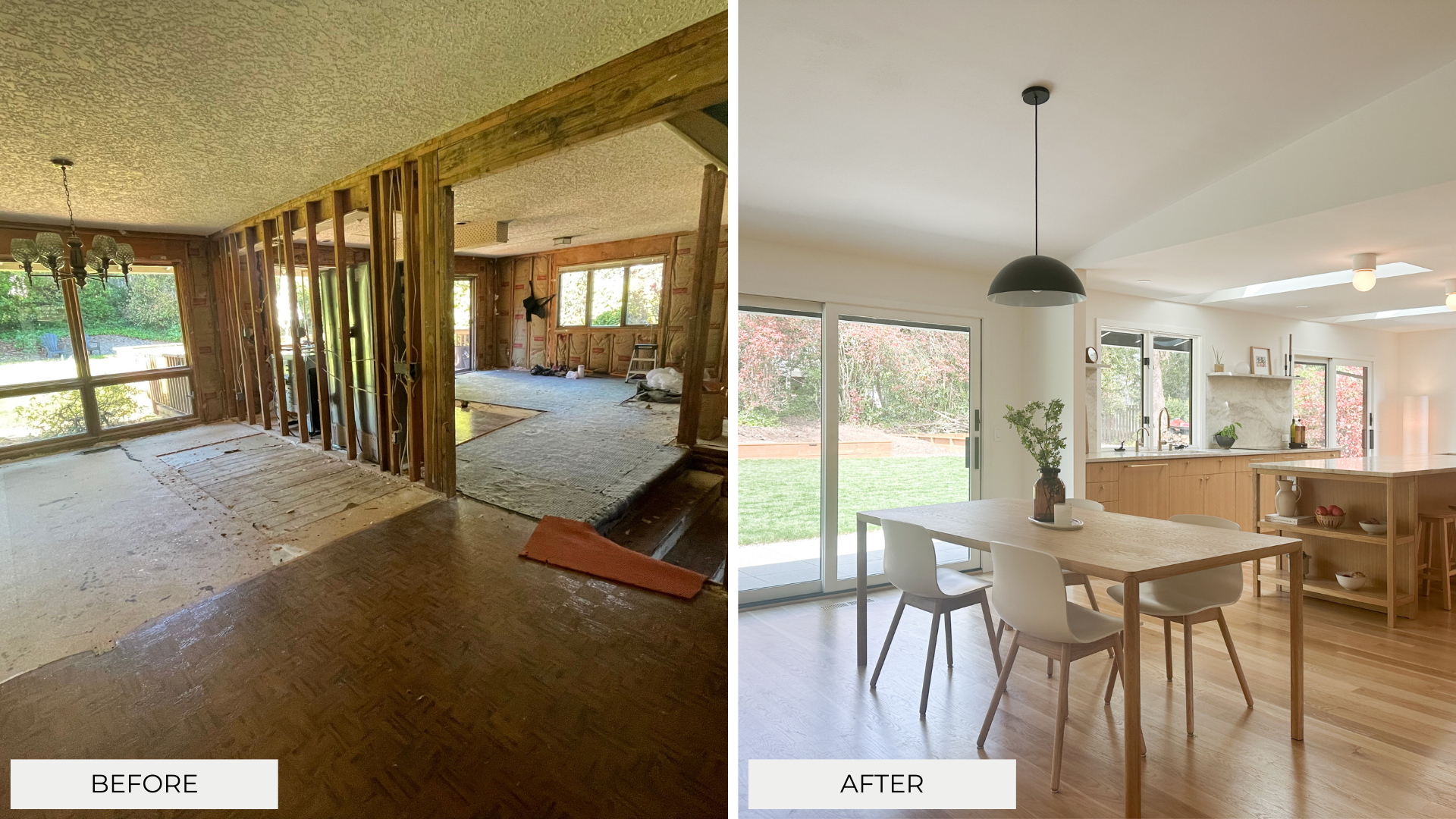 Side-by-side comparison of a living space before and after renovation; on the left, the room is under construction with exposed wooden studs, unfinished floors, and construction debris; on the right, the room is fully finished with a modern, minimalistic kitchen and dining area, bright natural light, and a spacious outdoor view.