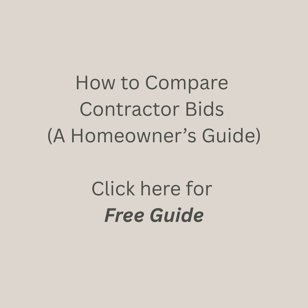 Text on a beige background presenting a guide on comparing contractor bids, titled 'How to Compare Contractor Bids (A Homeowner’s Guide)', with a call to action 'Click here for Free Guide' in bold.