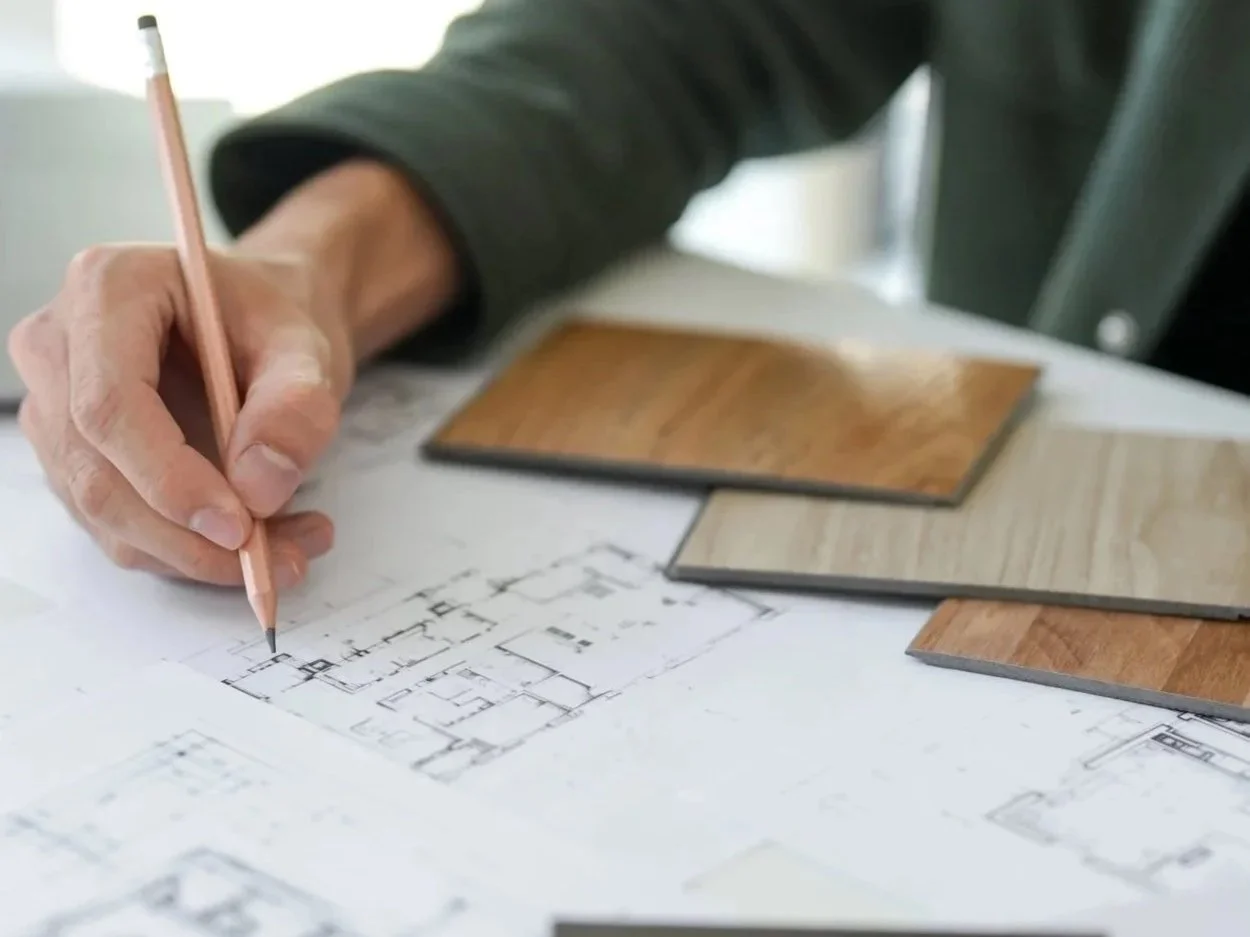 Person drawing architectural plans on paper with wood flooring samples nearby.