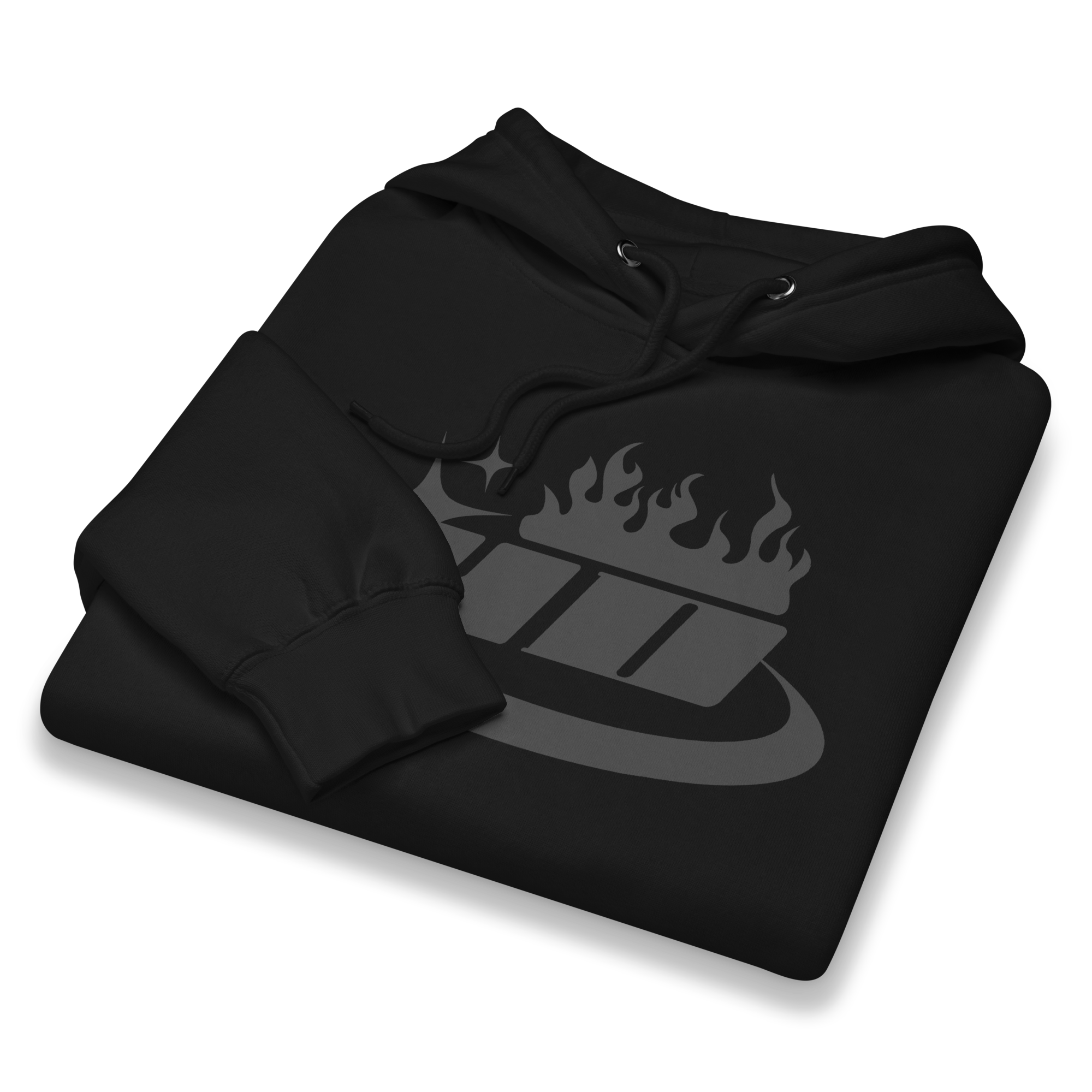 Black hoodie with a flame and circle logo, and a black sweatshirt with a folded sleeve, both placed on a flat surface.