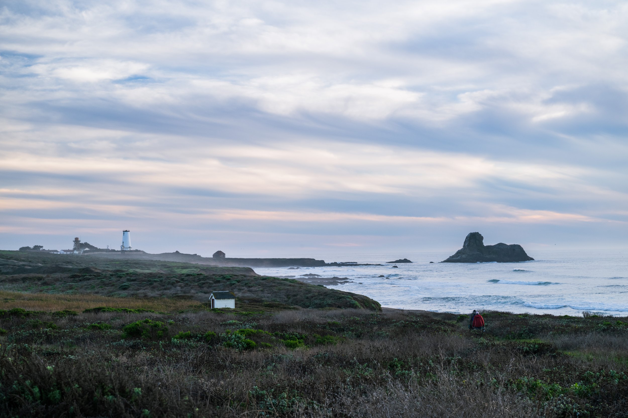 Coastal landscape with overcast sky, lighthouse, rocky formations in the water, and a person wearing red walking through grassy dunes. San Simeon, California