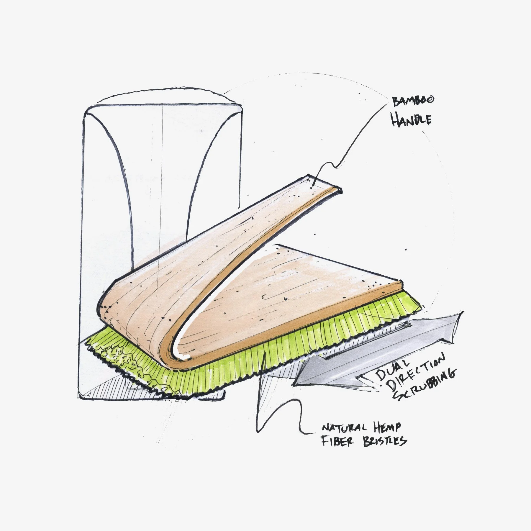 Drawing of a skateboard with a wooden deck, bamboo handle, natural hemp fiber bristles, and dual direction scrubbing features. 
