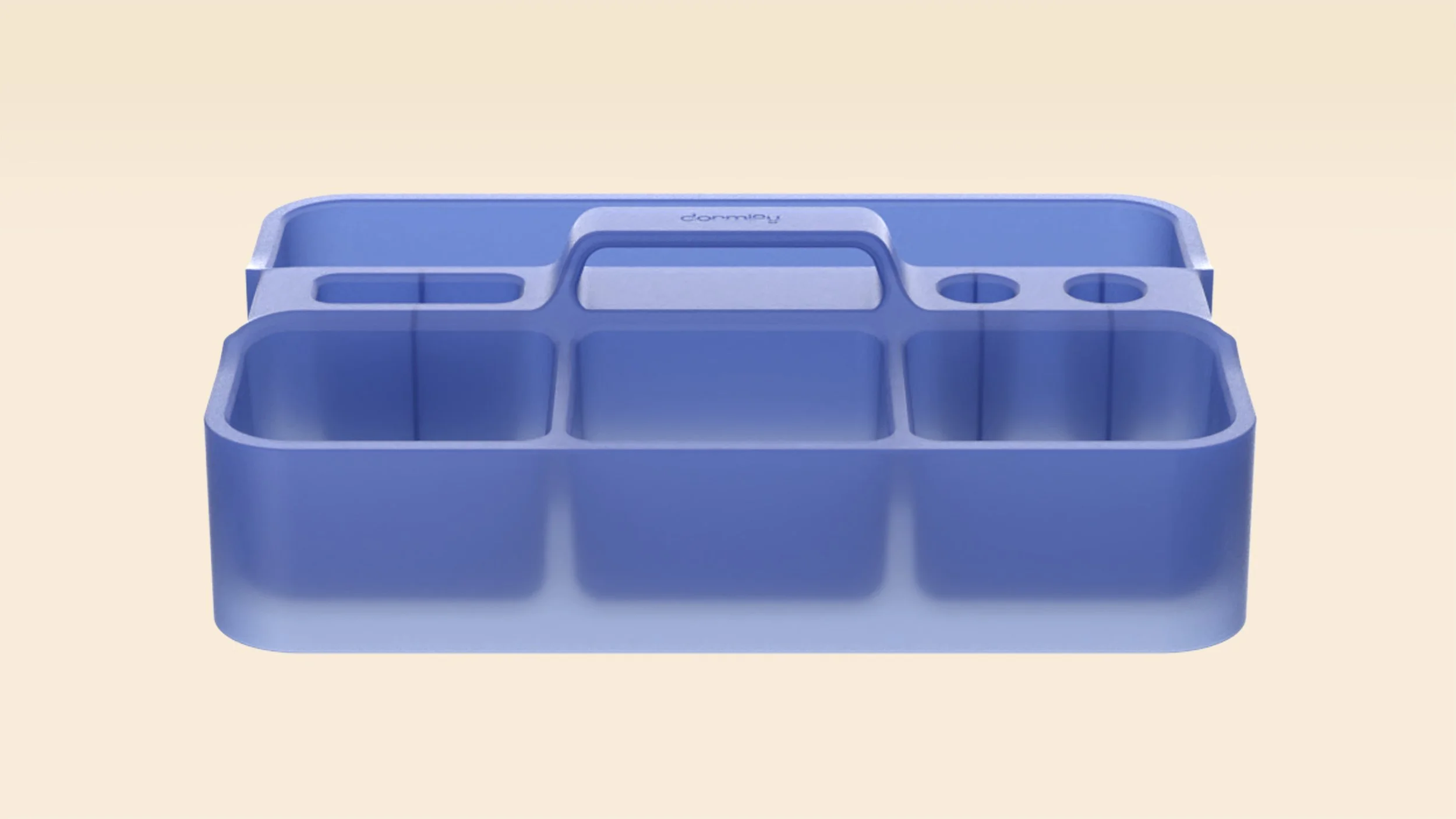Blue plastic organizer with multiple compartments on a beige background.