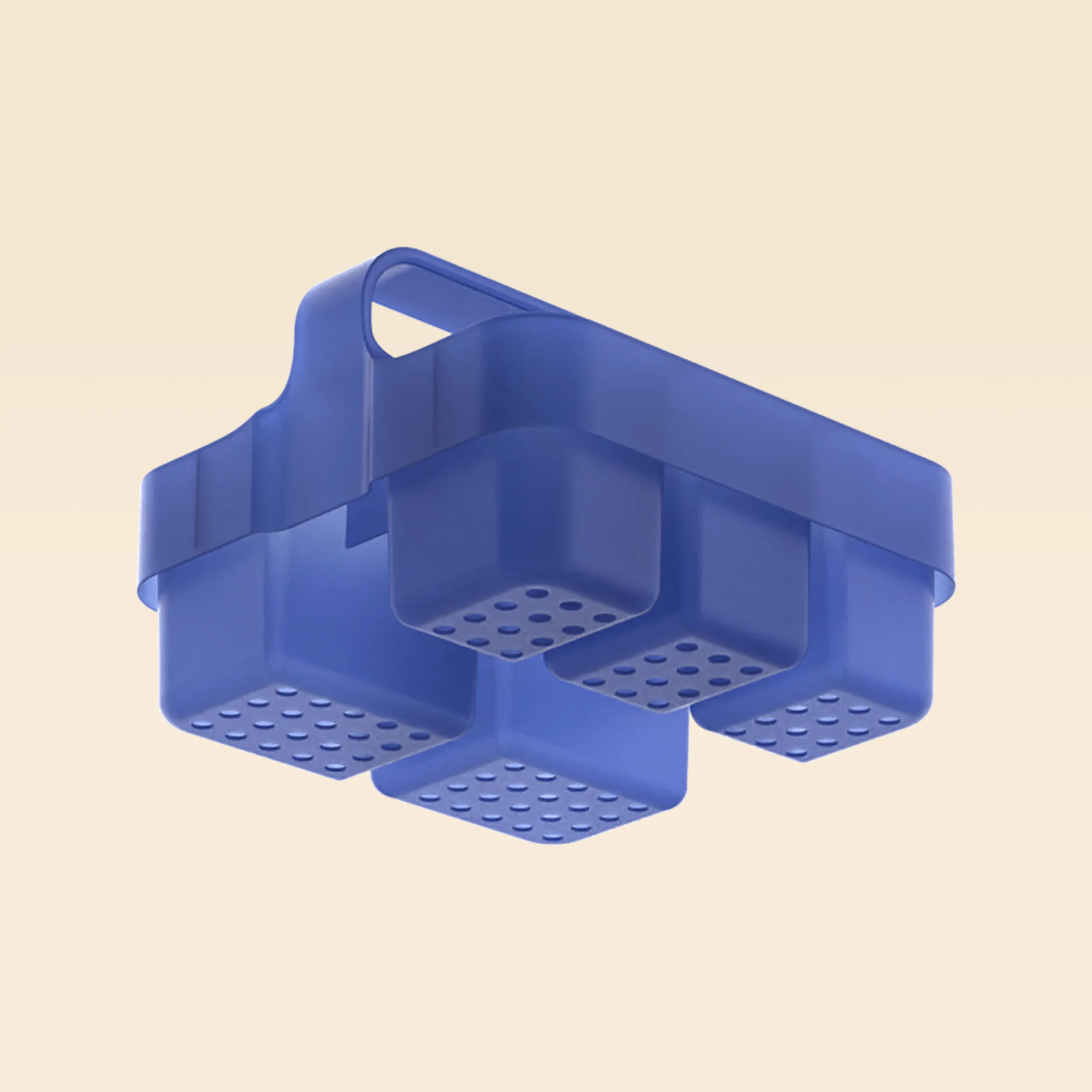 Blue plastic ice cube tray with multiple compartments for freezing ice.