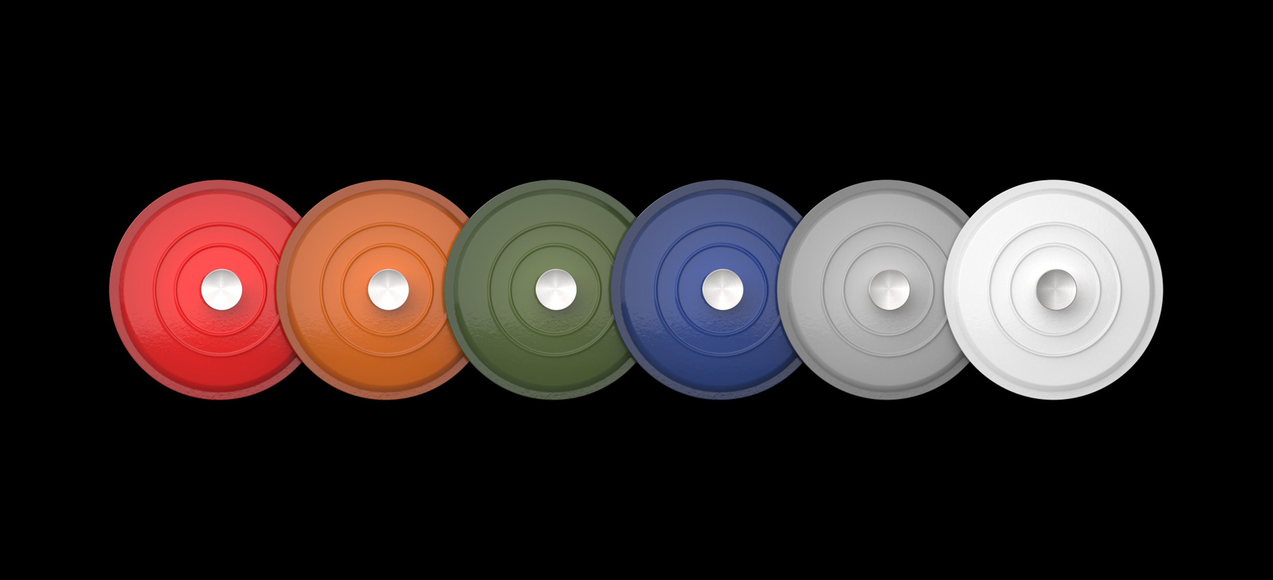 Six color-coded CDs arranged in a row against a black background, from left to right: red, orange, green, blue, gray, and white.