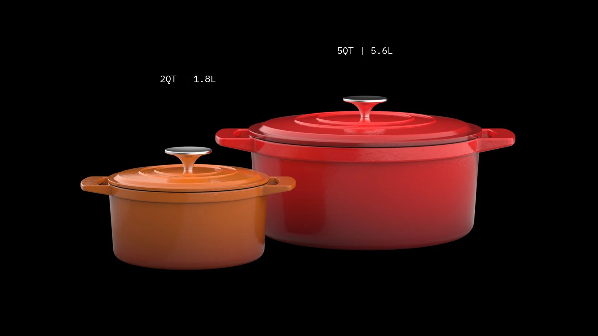 Two ceramic cookware sets, one smaller orange and one larger red, with matching lids and black handles, against a black background.