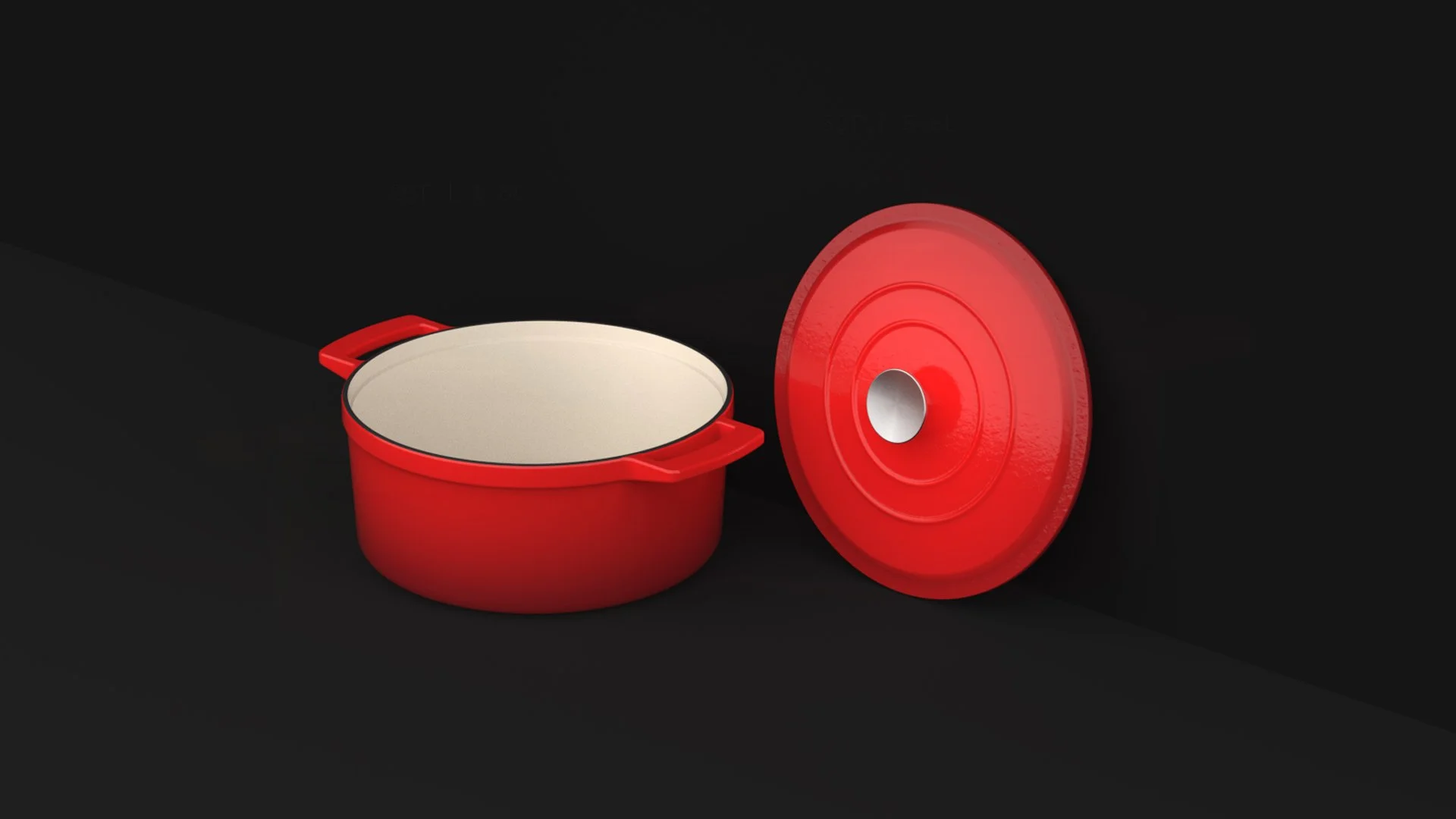 A red cast iron Dutch oven with a matching lid placed beside it on a black background.