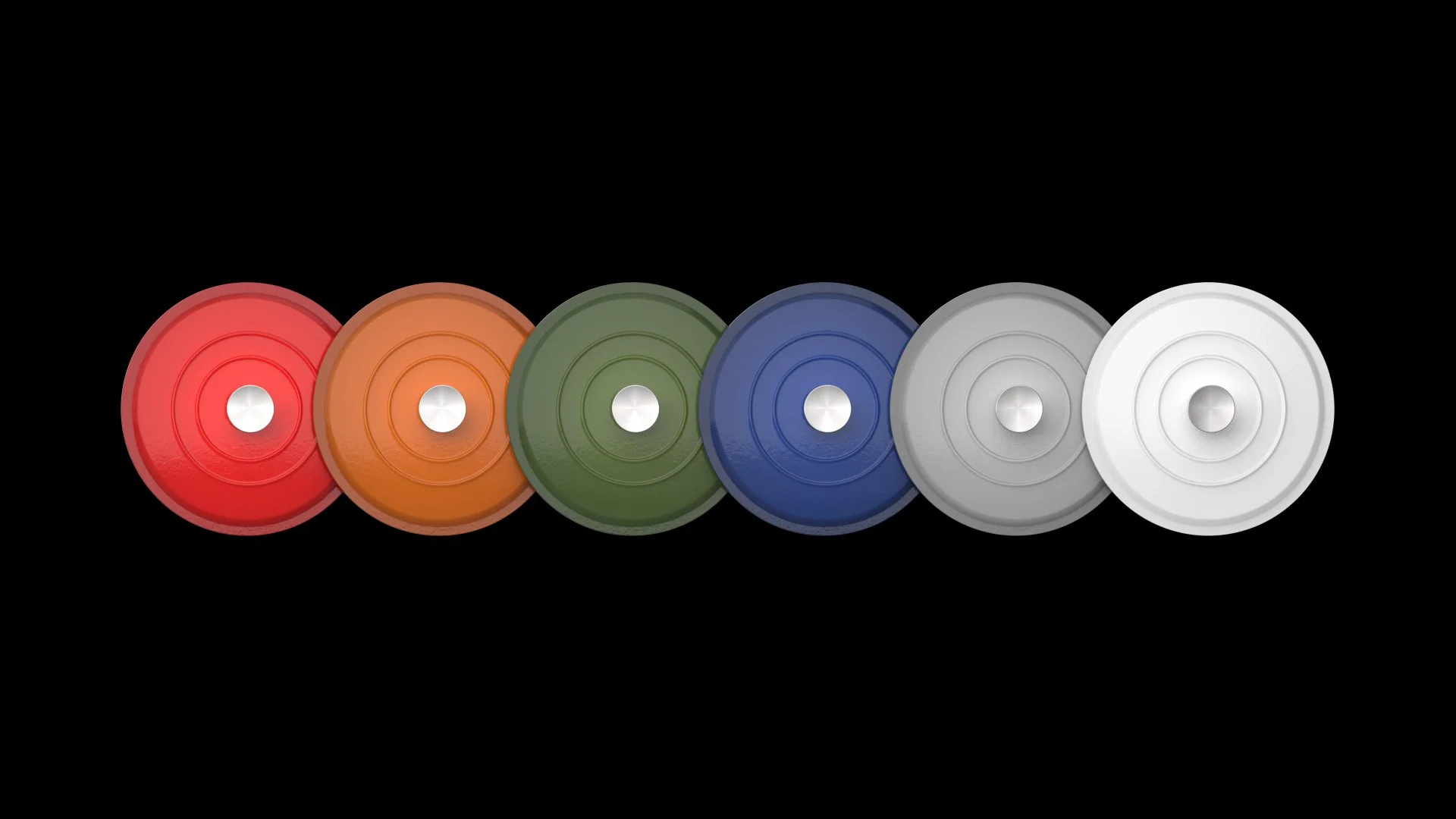Six vinyl records in red, orange, green, blue, gray, and white, placed horizontally against a black background.