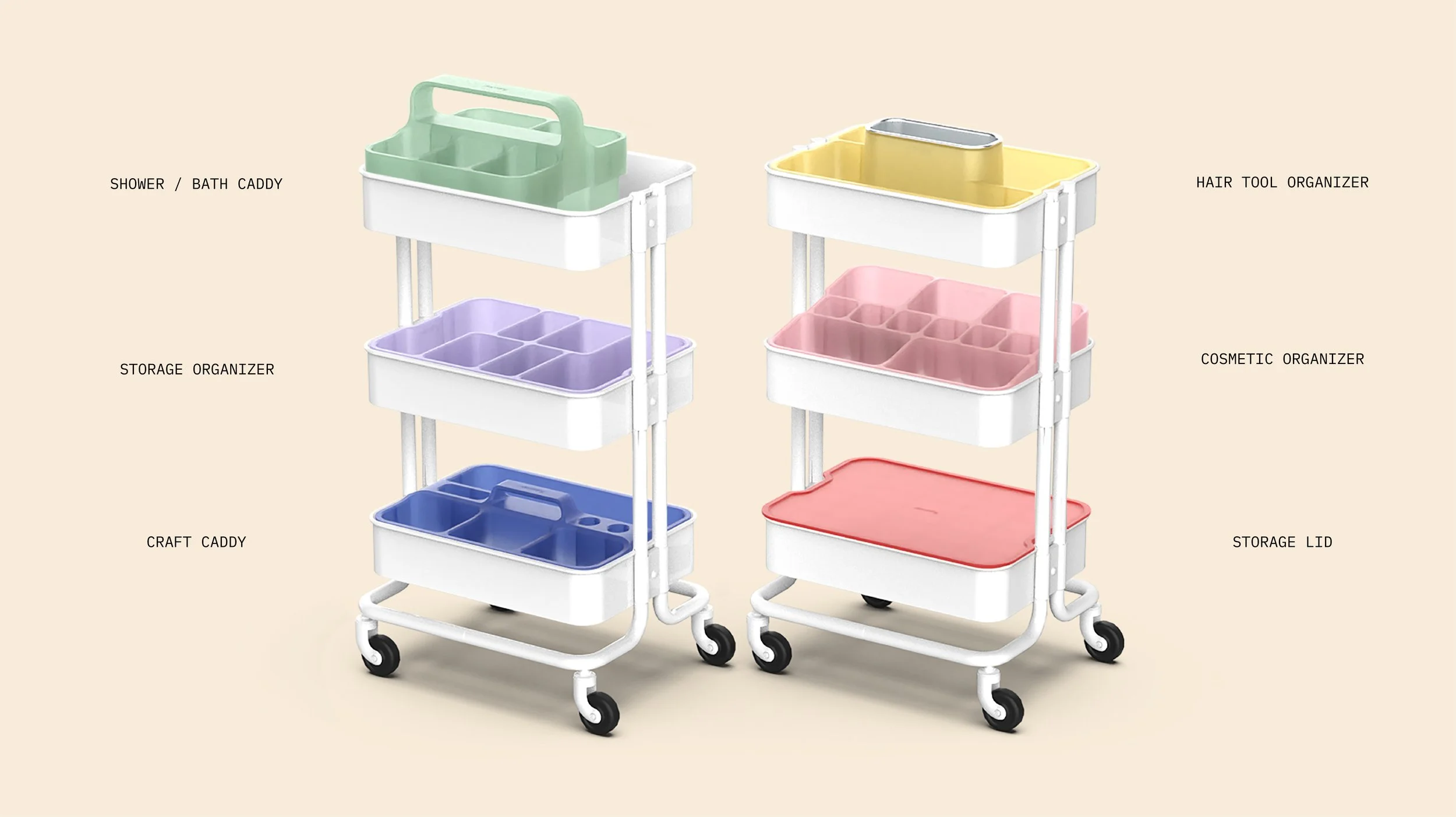 Two white rolling carts with three tiers each, holding various colored plastic organizers and trays. The left cart has a green shower/bath caddy on top, purple storage organizer in the middle, and blue craft caddy at the bottom. The right cart has a yellow hair tool organizer on top, pink cosmetic organizer in the middle, and a red storage lid at the bottom.